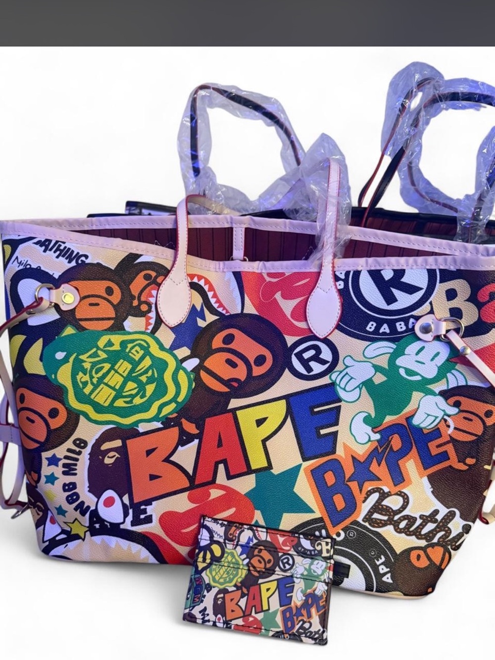 Bape Multicolor Logo & Ape Print Tote with Matching Wallet